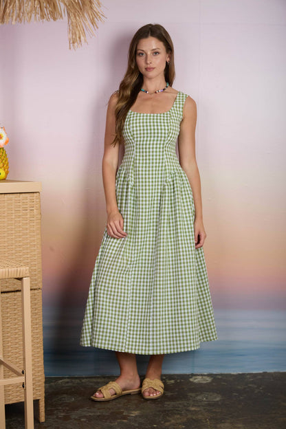 PLAID BASQUE WAIST SLEEVELESS MIDI DRESS