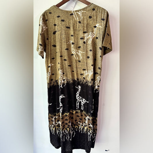 Brown/Black Giraffe Print Cotton Midi Dress, Size L | 0802