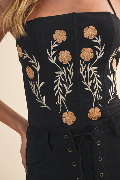 IT4359 WESTERN FLORAL EMBROIDERED CORSET LACE UP TOP