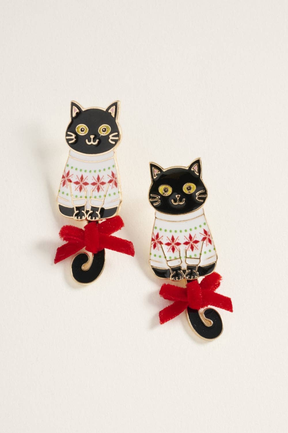 Cat in Christmas Sweater with Ribbon Post Earrings