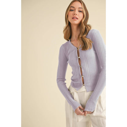 LONG-SLEEVE RIBBED BUTTON-UP CARDIGAN