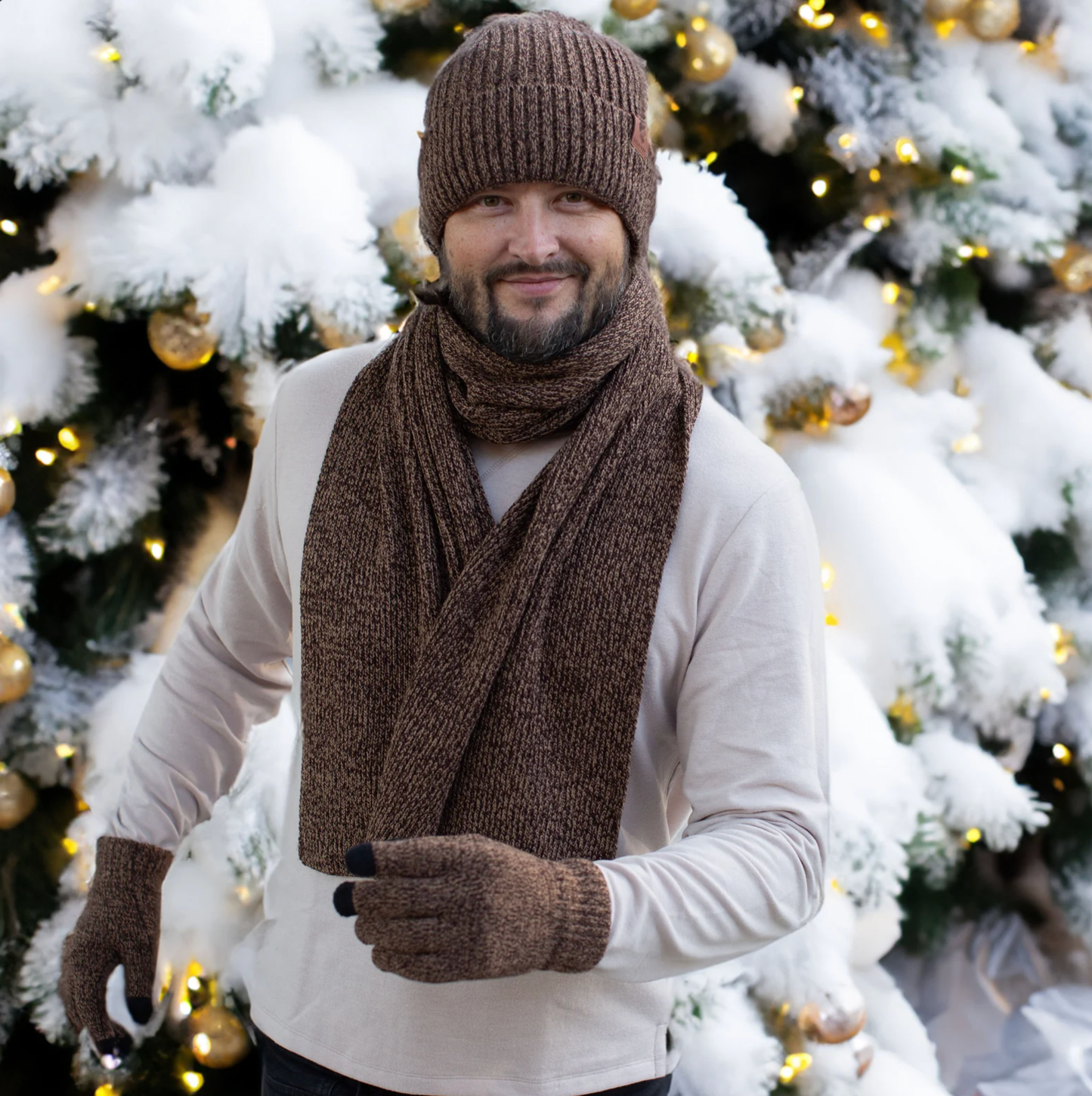 Mens Knit Beanie, Scarf Touchscreen Gloves Set Fleece Lined