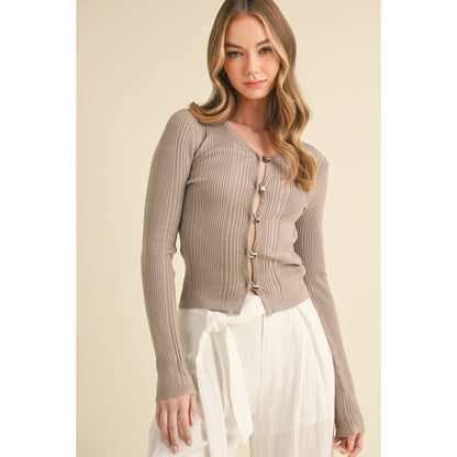 LONG-SLEEVE RIBBED BUTTON-UP CARDIGAN