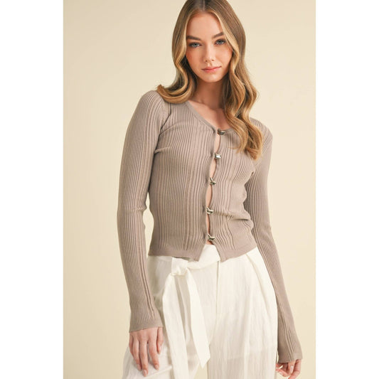 LONG-SLEEVE RIBBED BUTTON-UP CARDIGAN