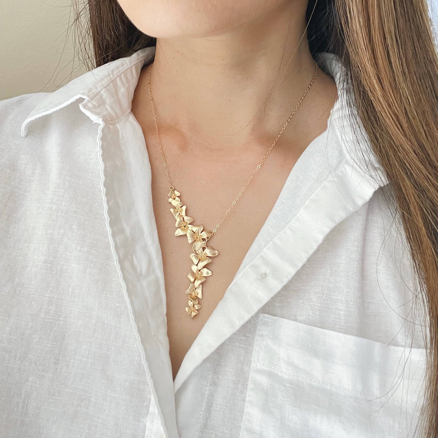 Gold Statement Flower Necklace,  Dogwood Y Necklace, Floral