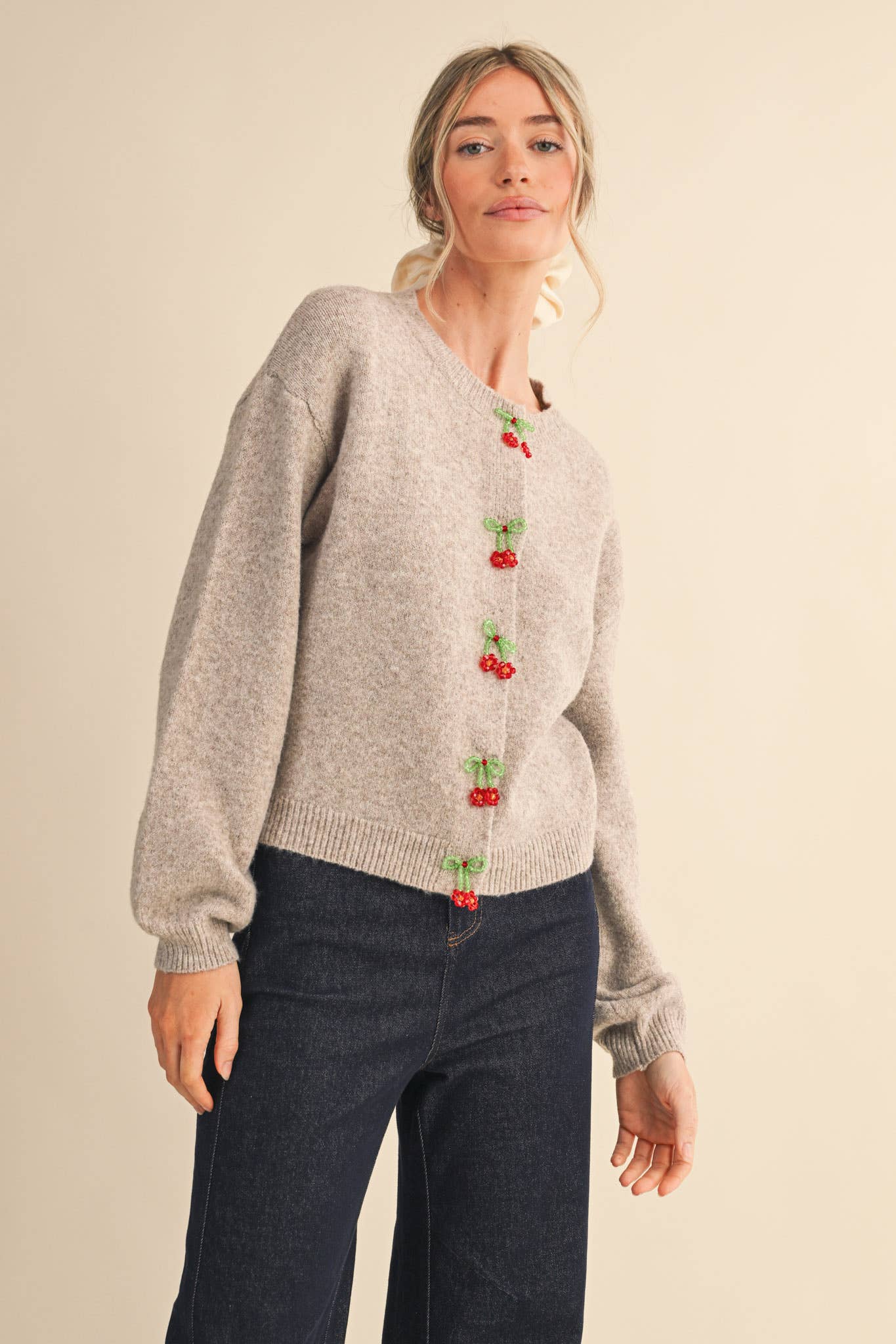BEADED BOW FLORAL BUTTON SWEATER CARDIGAN MSW11256