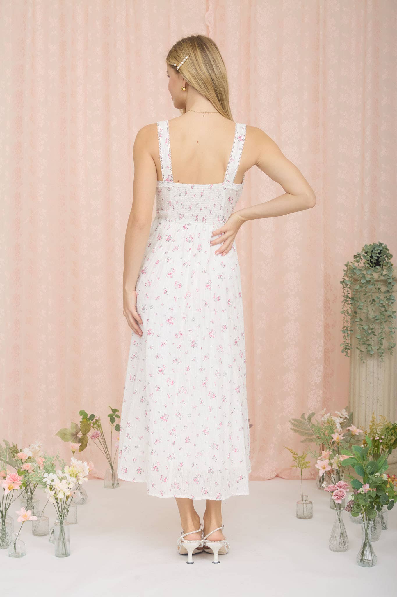 FLORAL STRIPE CLIP DOT SLEEVELESS MAXI DRESS