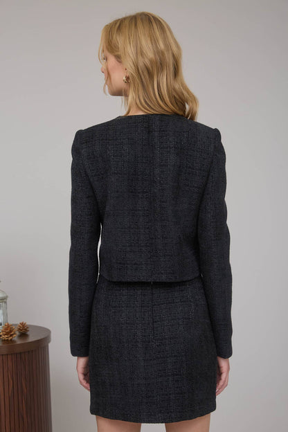 TWEED FRONT BOW TIE DETAIL BLAZER JACKET
