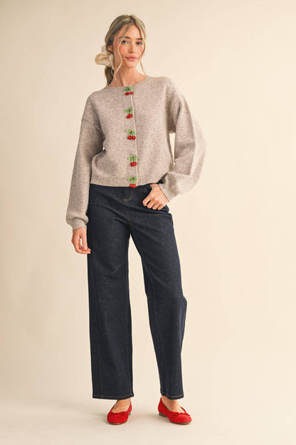 BEADED BOW FLORAL BUTTON SWEATER CARDIGAN MSW11256