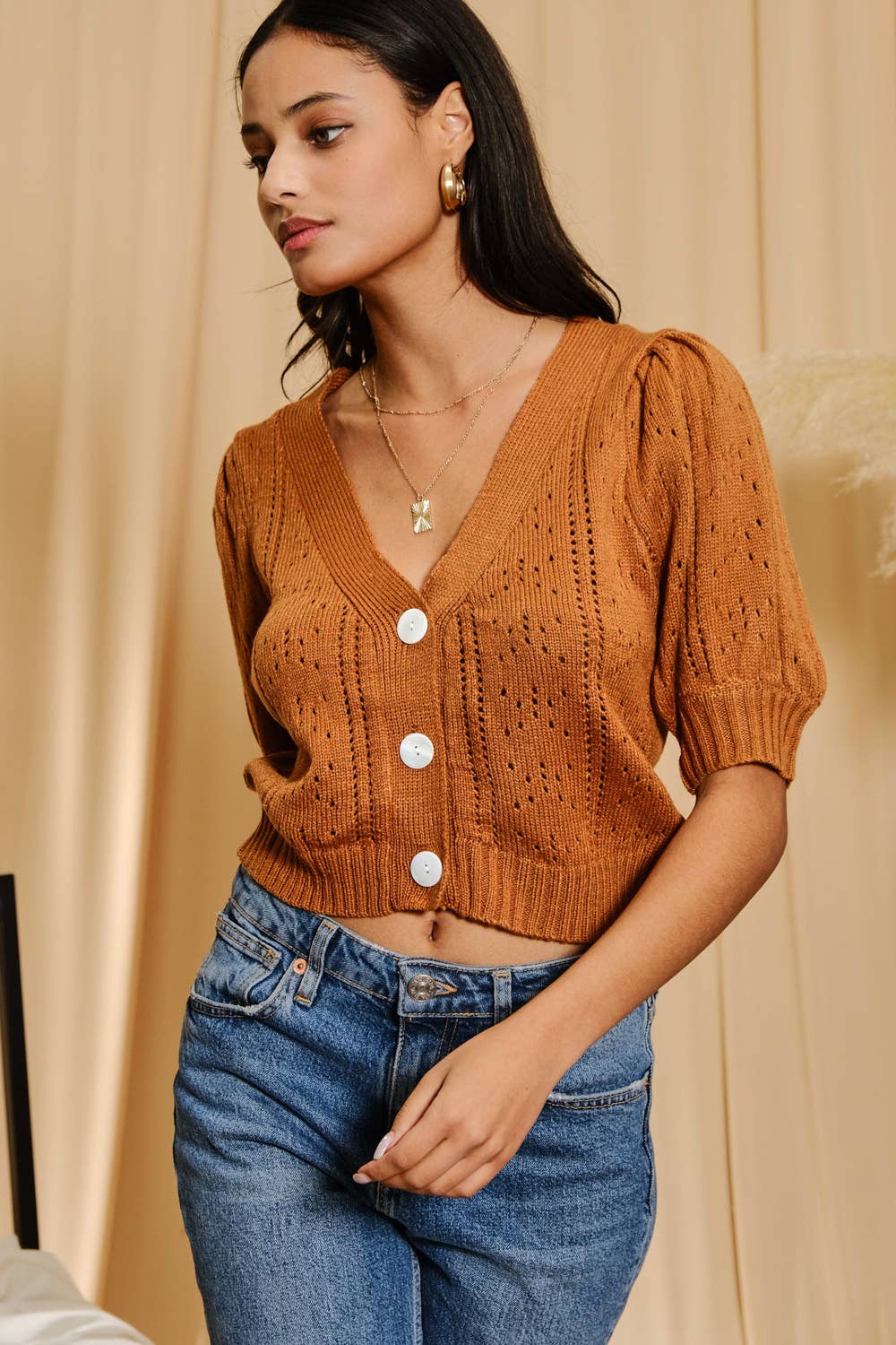 JW6198 Three Button 3/4 Sleeve Knitted Cardigan