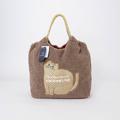 Cozy Teddy Fleece Cat Appliqué Tote Bag - Kusuguru Japan