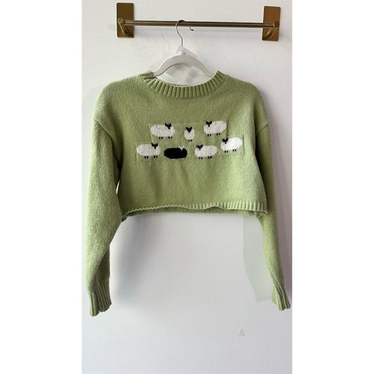 18  Cropped Cider Women's Lime Green Crop Sweater Sheep Design Size S