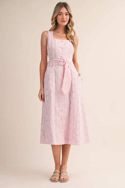 STRIPED FLORAL PRINT BUTTON DOWN BELTED MIDI DRESS MDR4811