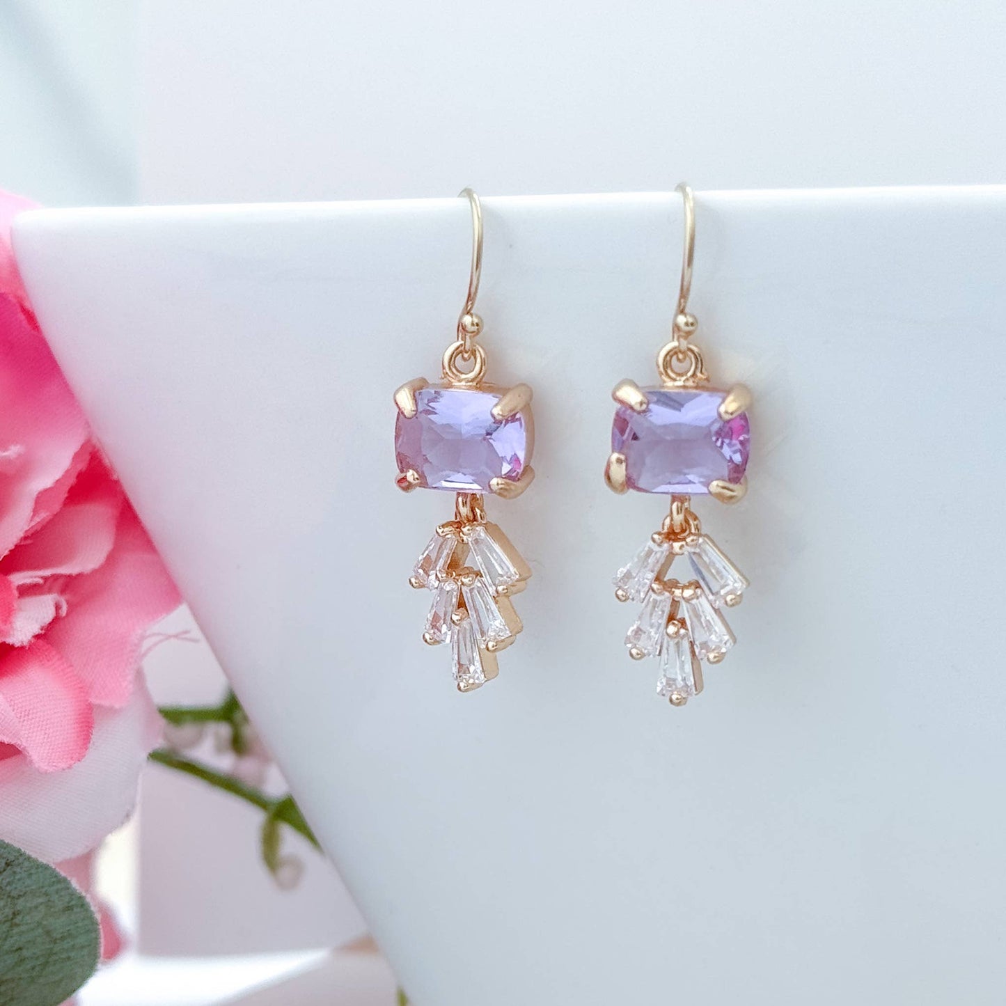 Purple Drop Earrings Gold Crystal Earrings Hypoallergenic 