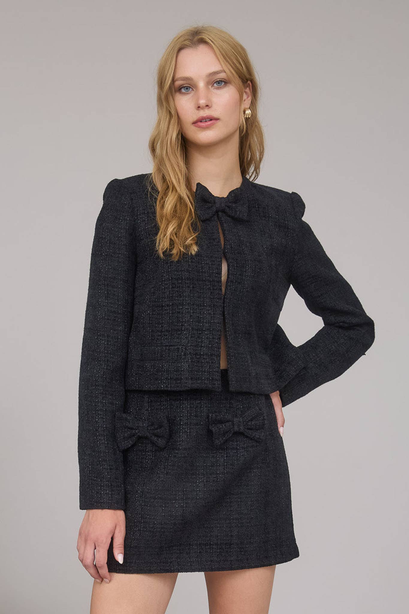 TWEED FRONT BOW TIE DETAIL BLAZER JACKET