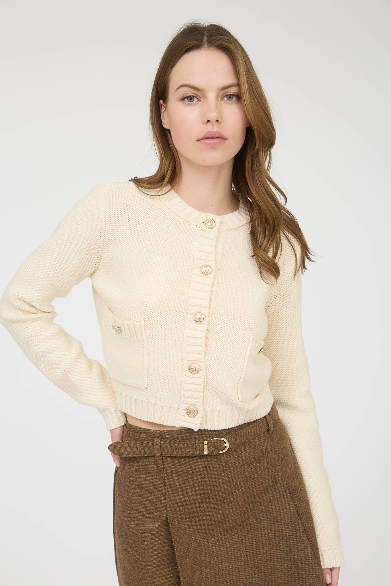 GOLD BUTTON RIBBED TRIM KNIT CARDIGAN SWEATER