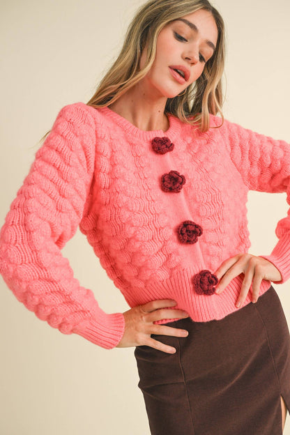 TEXTURED SWEATER CARDIGAN WITH KNIT ROSETTE DETAIL MSW10735