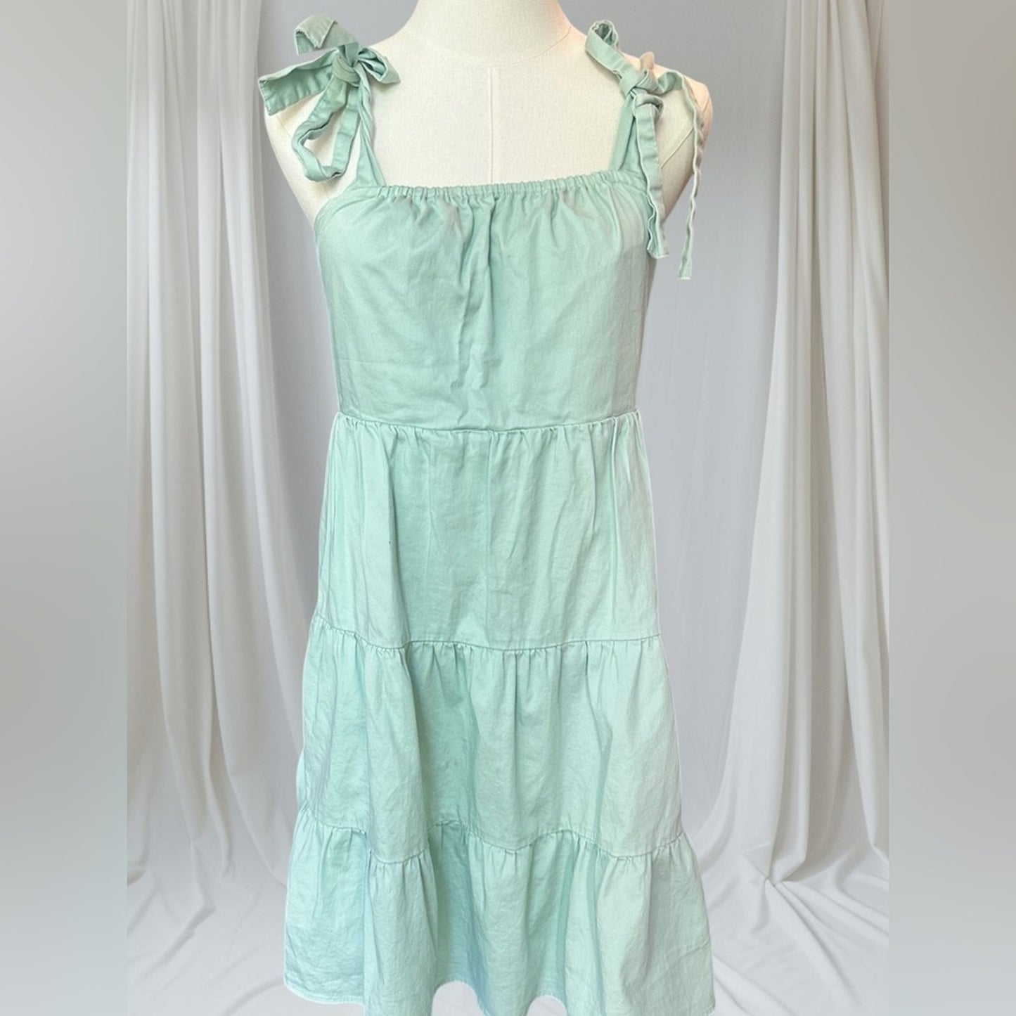 Green Tiered Mini Dress with Tie Straps, Size S | 2200