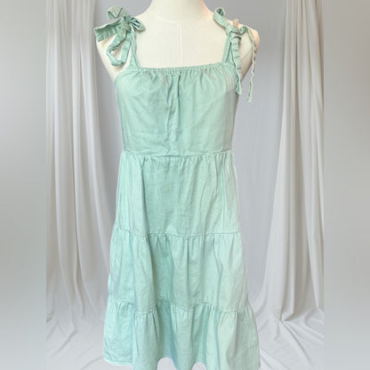 Green Tiered Mini Dress with Tie Straps, Size S | 2200
