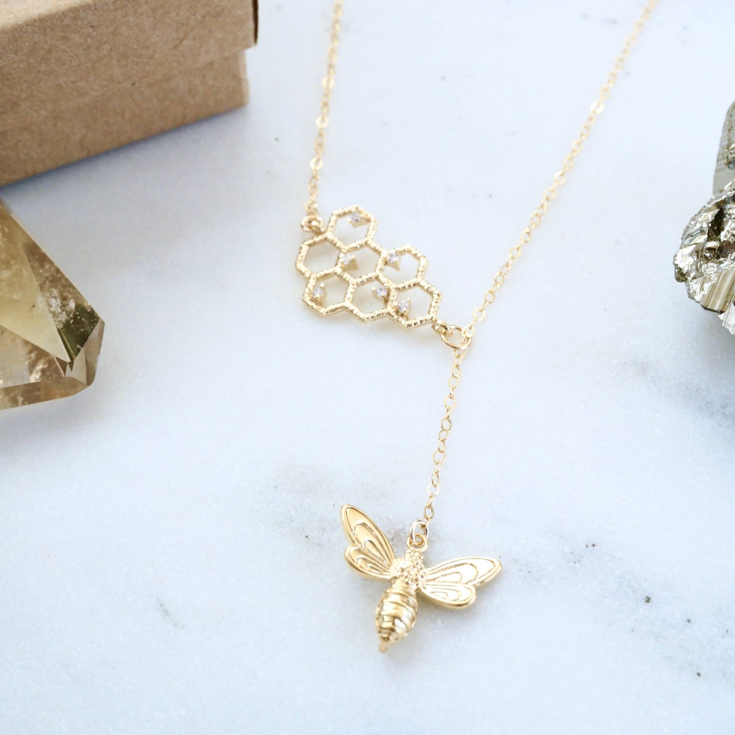Honeycomb Bee Lariat Necklace, Gold Bee Necklace, Dainty