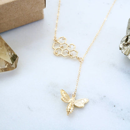 Honeycomb Bee Lariat Necklace, Gold Bee Necklace, Dainty