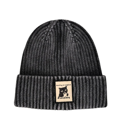 HatPhile Running on Caffeine & Anxiety Black Cat Vintage Beanie