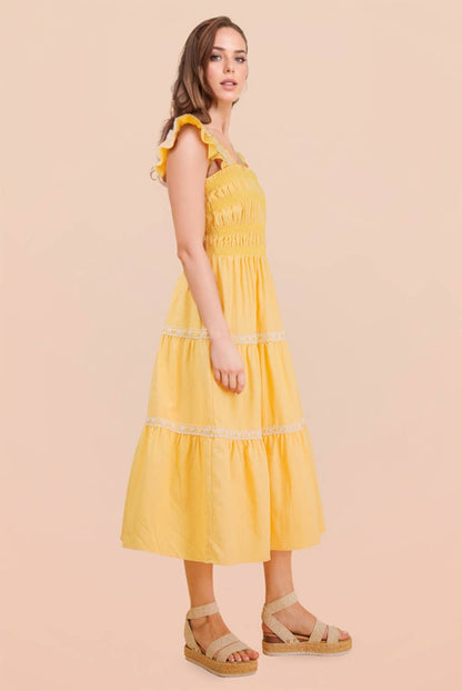 ND31741-Smocking Detail Solid Woven Midi Dress