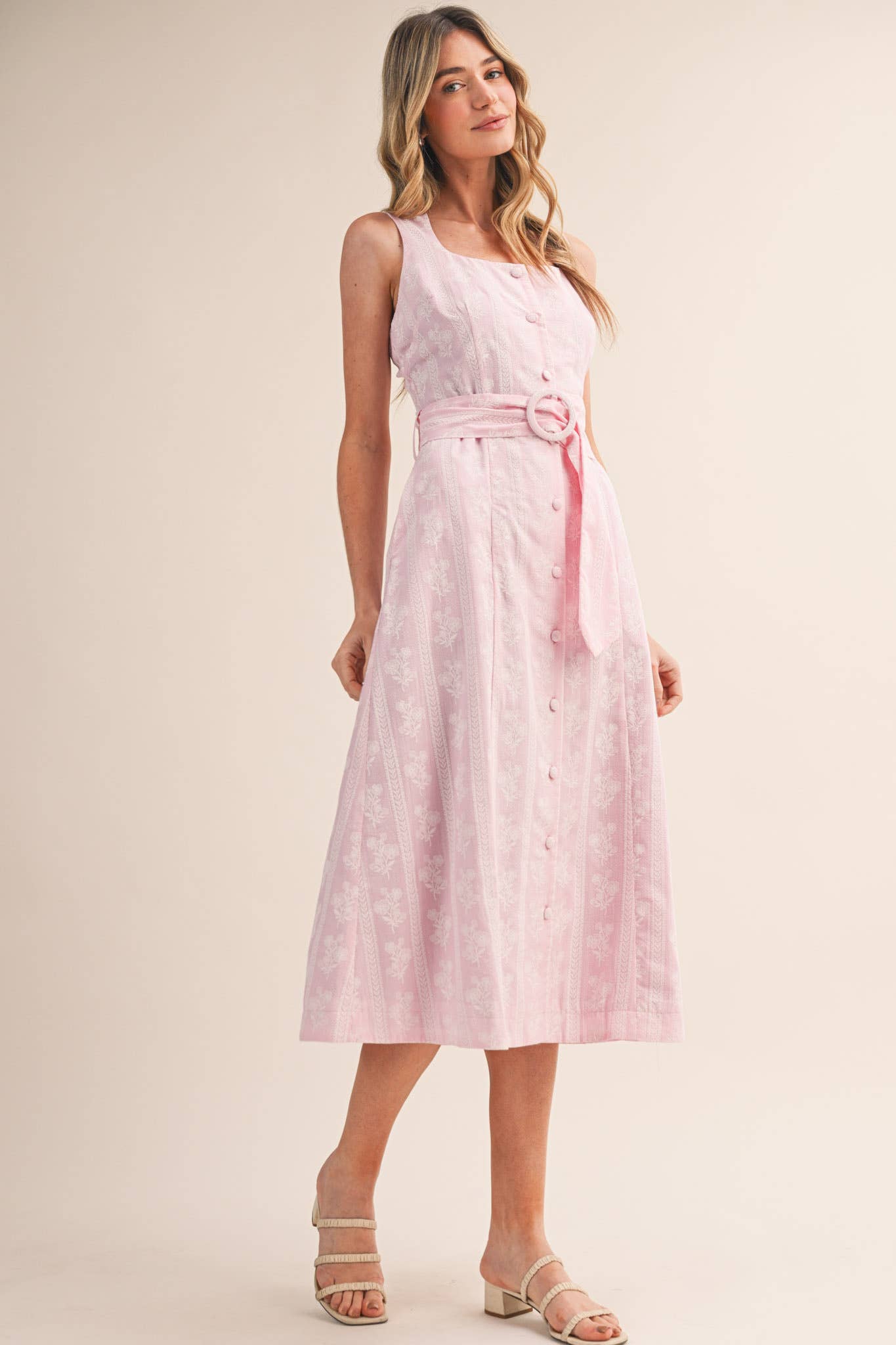 STRIPED FLORAL PRINT BUTTON DOWN BELTED MIDI DRESS MDR4811