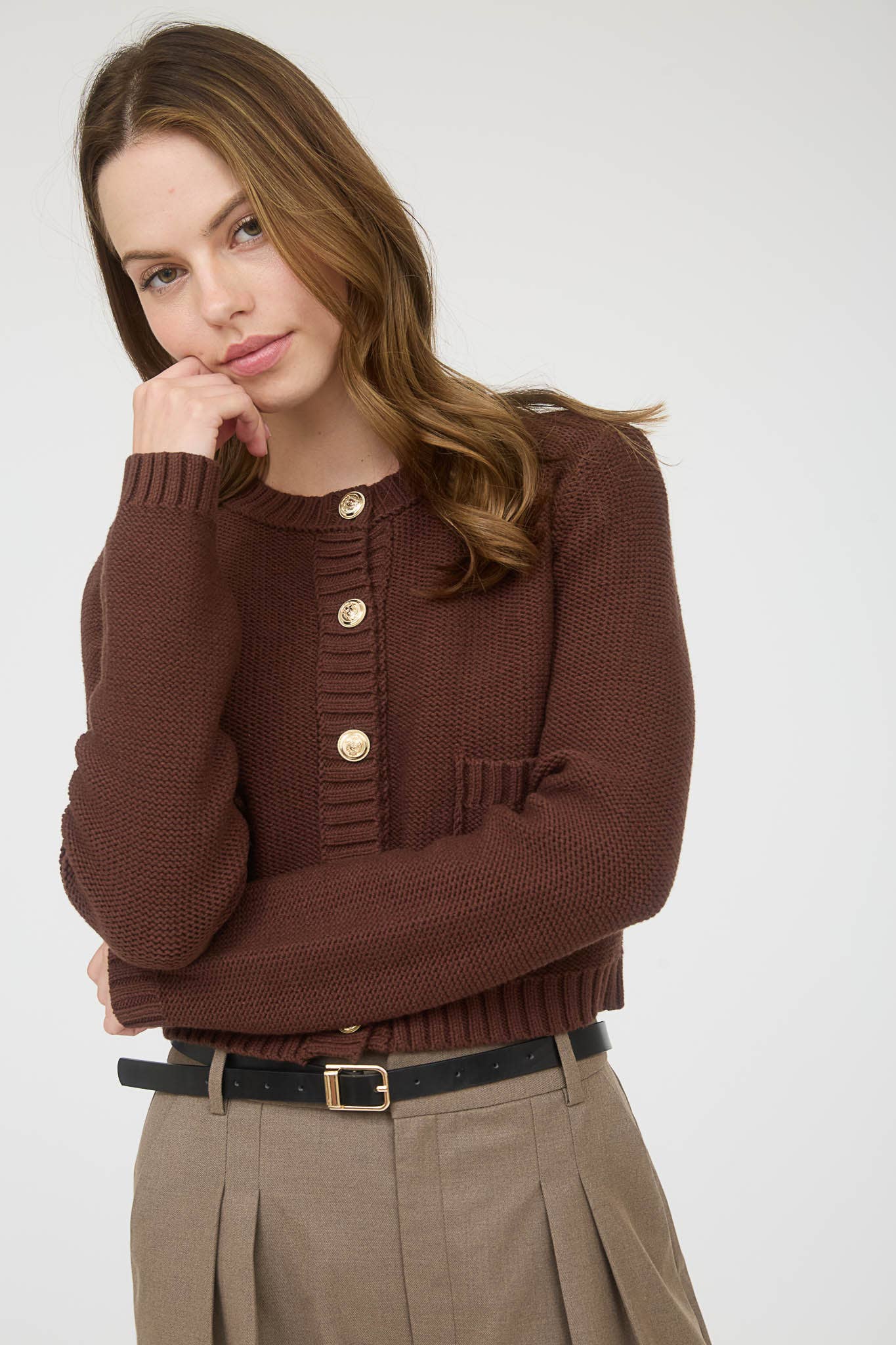 GOLD BUTTON RIBBED TRIM KNIT CARDIGAN SWEATER