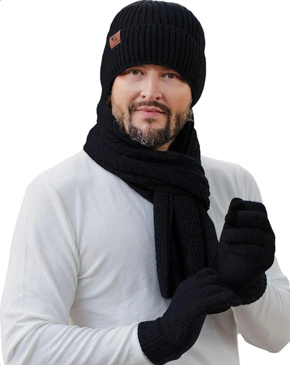 Mens Knit Beanie, Scarf Touchscreen Gloves Set Fleece Lined
