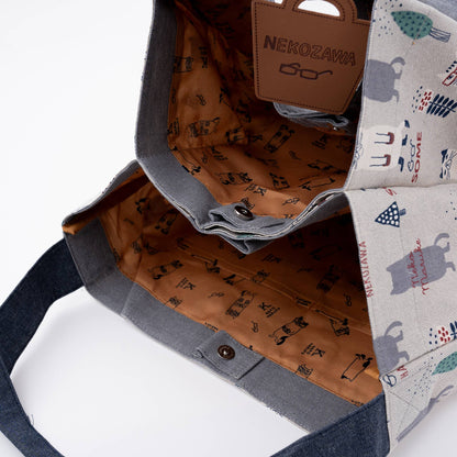 Kusuguru Japan Three Cats Embroidered Large Tote Bag - Gray