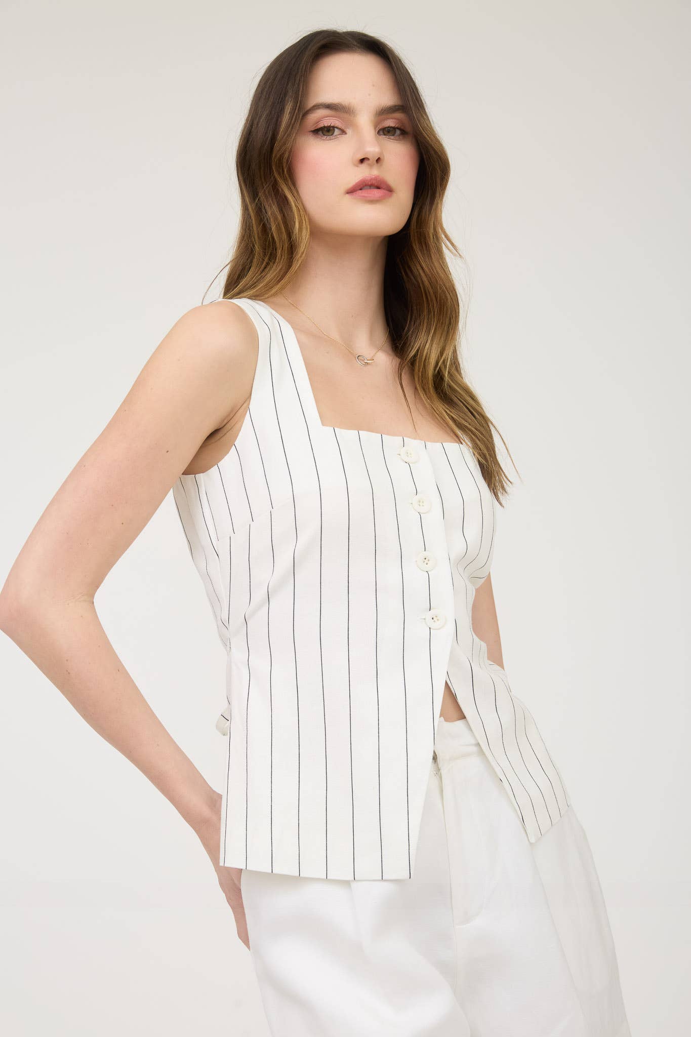 PINSTRIPE SQUARE NECK BUTTON FRONT VEST TOP