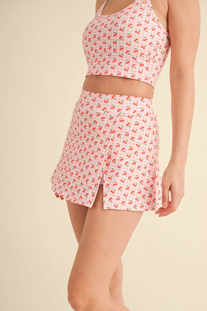 Cherry Gingham Print Side Slit A-Line Skort