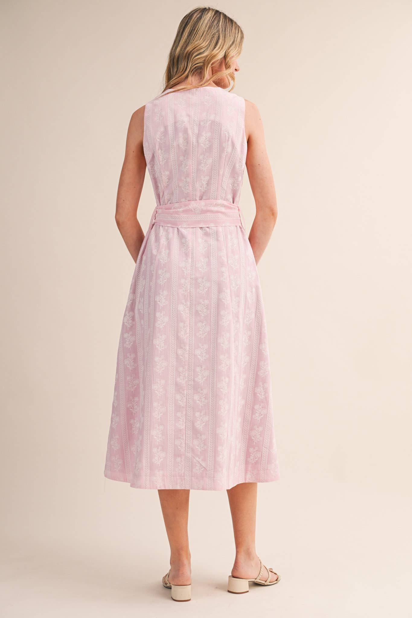 STRIPED FLORAL PRINT BUTTON DOWN BELTED MIDI DRESS MDR4811