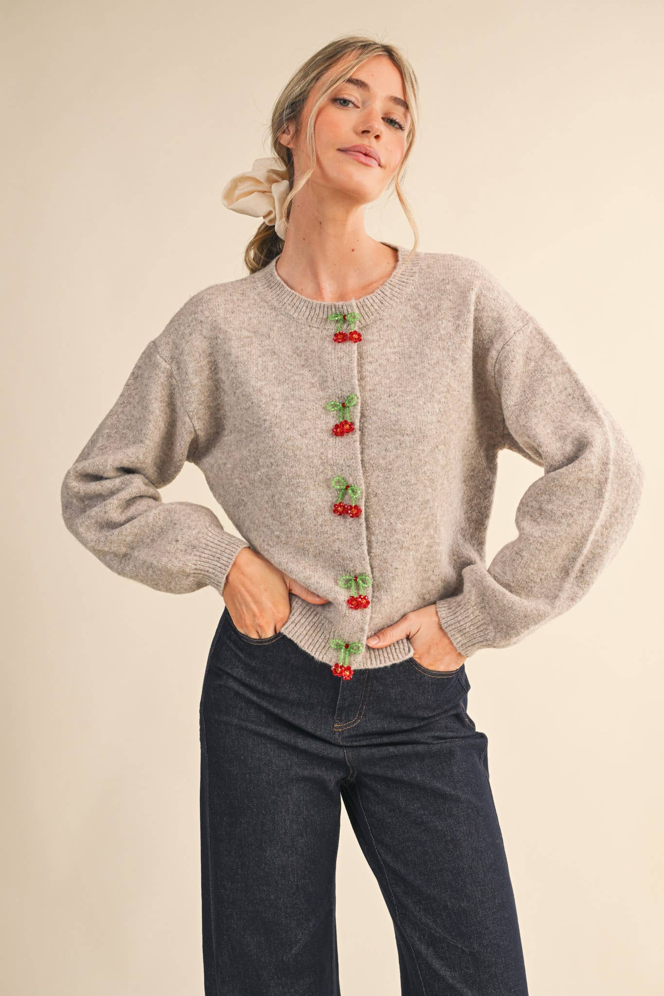 BEADED BOW FLORAL BUTTON SWEATER CARDIGAN MSW11256