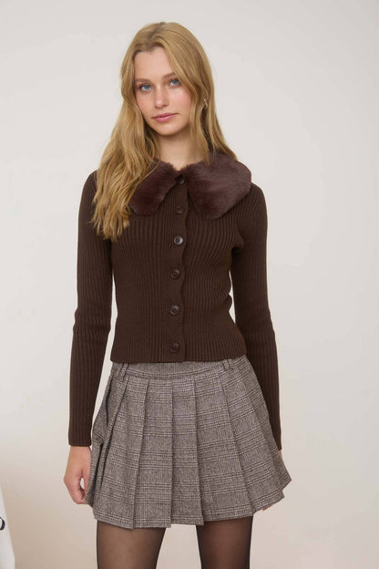 FAUX FUR COLLAR BUTTON DOWN SWEATER KNIT CARDIGAN