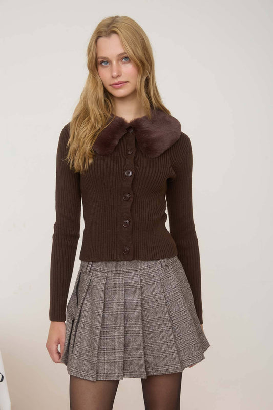 FAUX FUR COLLAR BUTTON DOWN SWEATER KNIT CARDIGAN