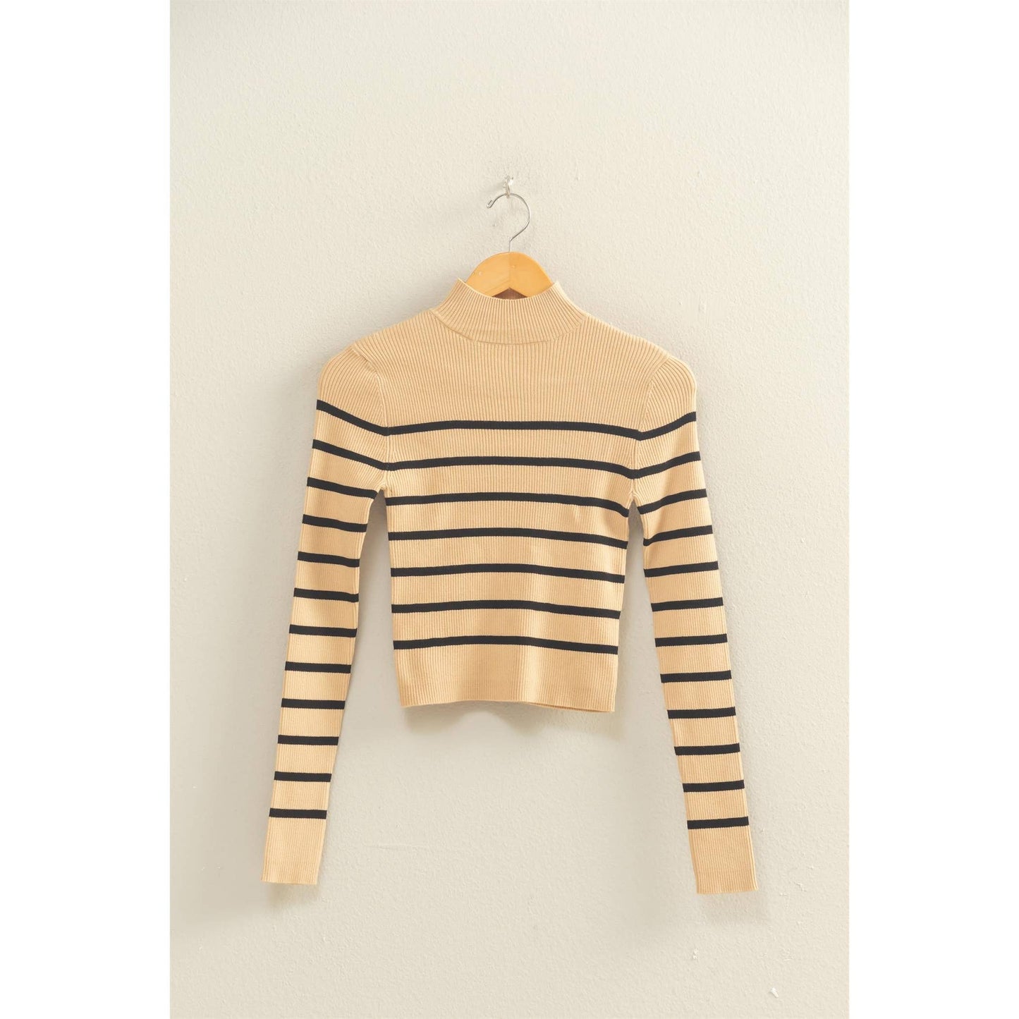 Striped Ribbed High Neck Cropped Knit Top
