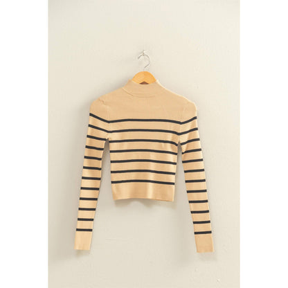Striped Ribbed High Neck Cropped Knit Top