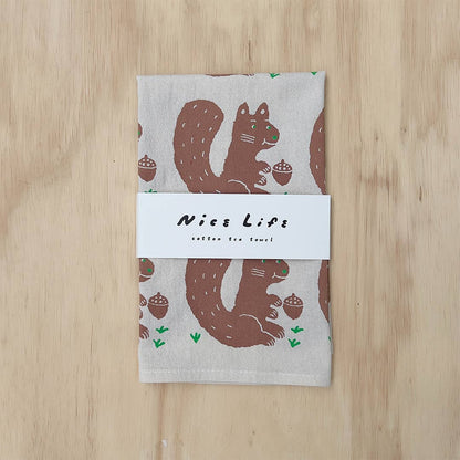 Squirrel and nut tea towel