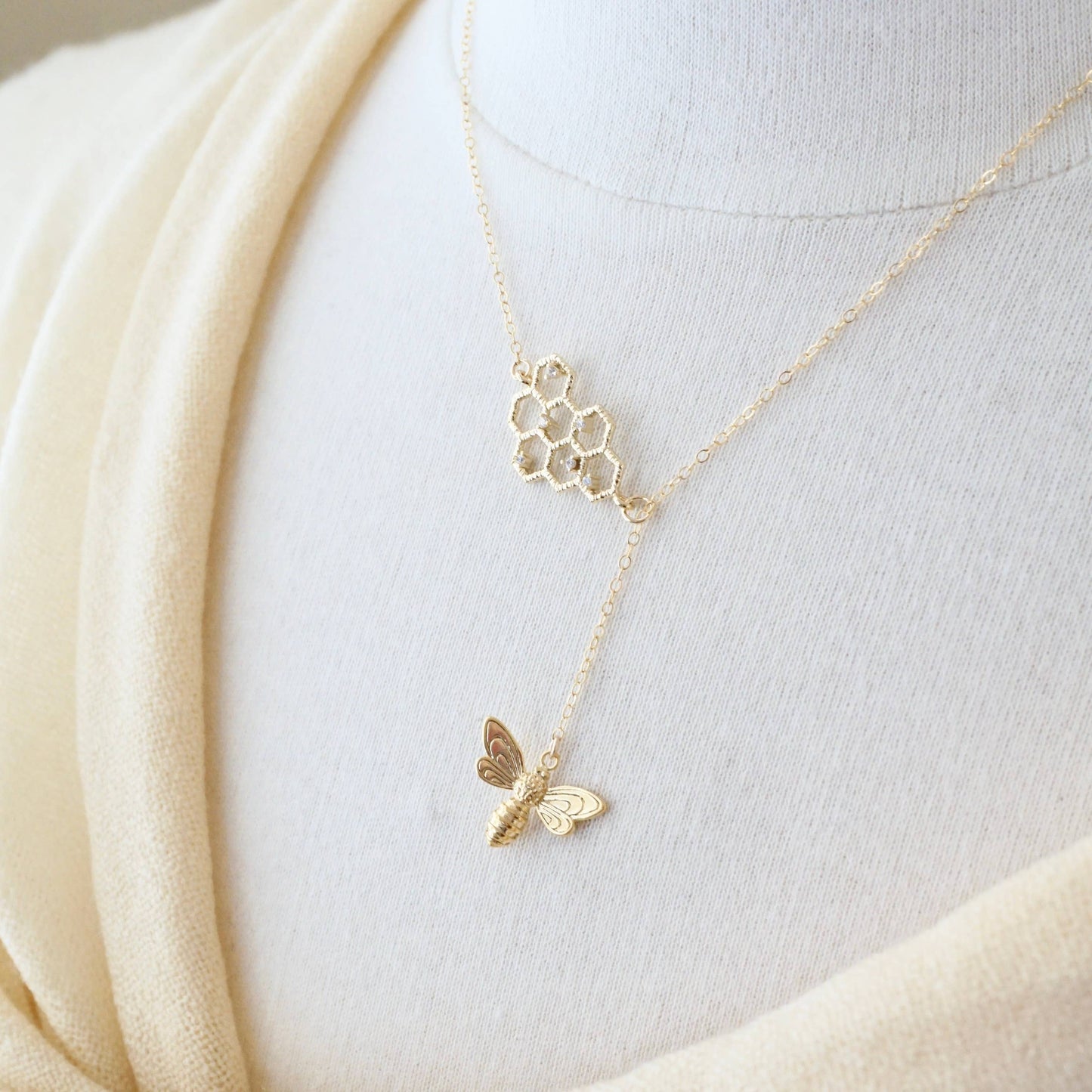 Honeycomb Bee Lariat Necklace, Gold Bee Necklace, Dainty