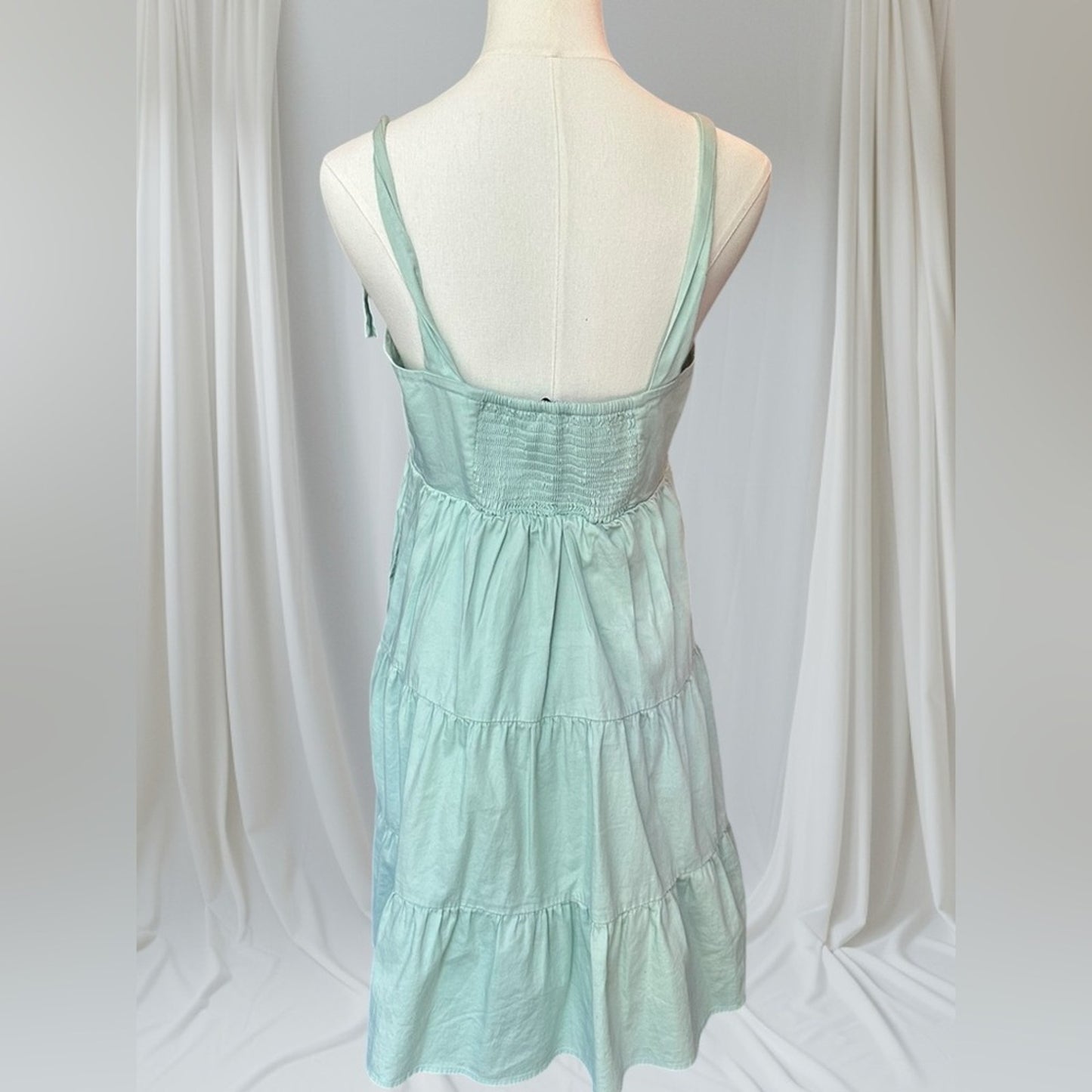Green Tiered Mini Dress with Tie Straps, Size S | 2200