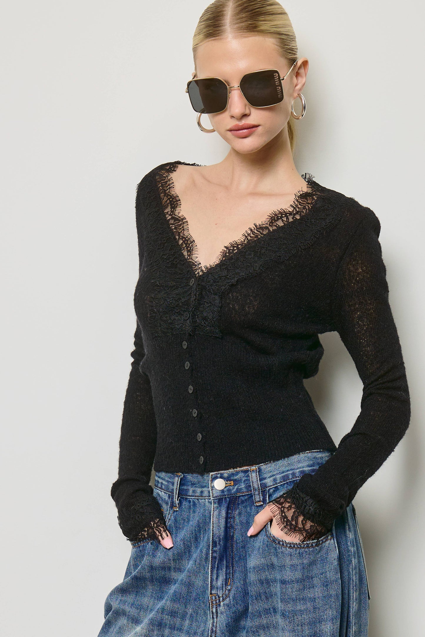 Lace Trim V Neck Knit Cardigan