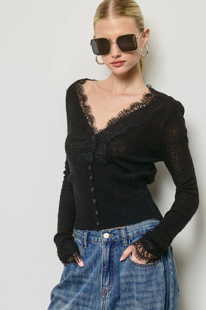 Lace Trim V Neck Knit Cardigan