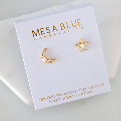 Opal Moon and Star Stud Earrings - Hypoallergenic