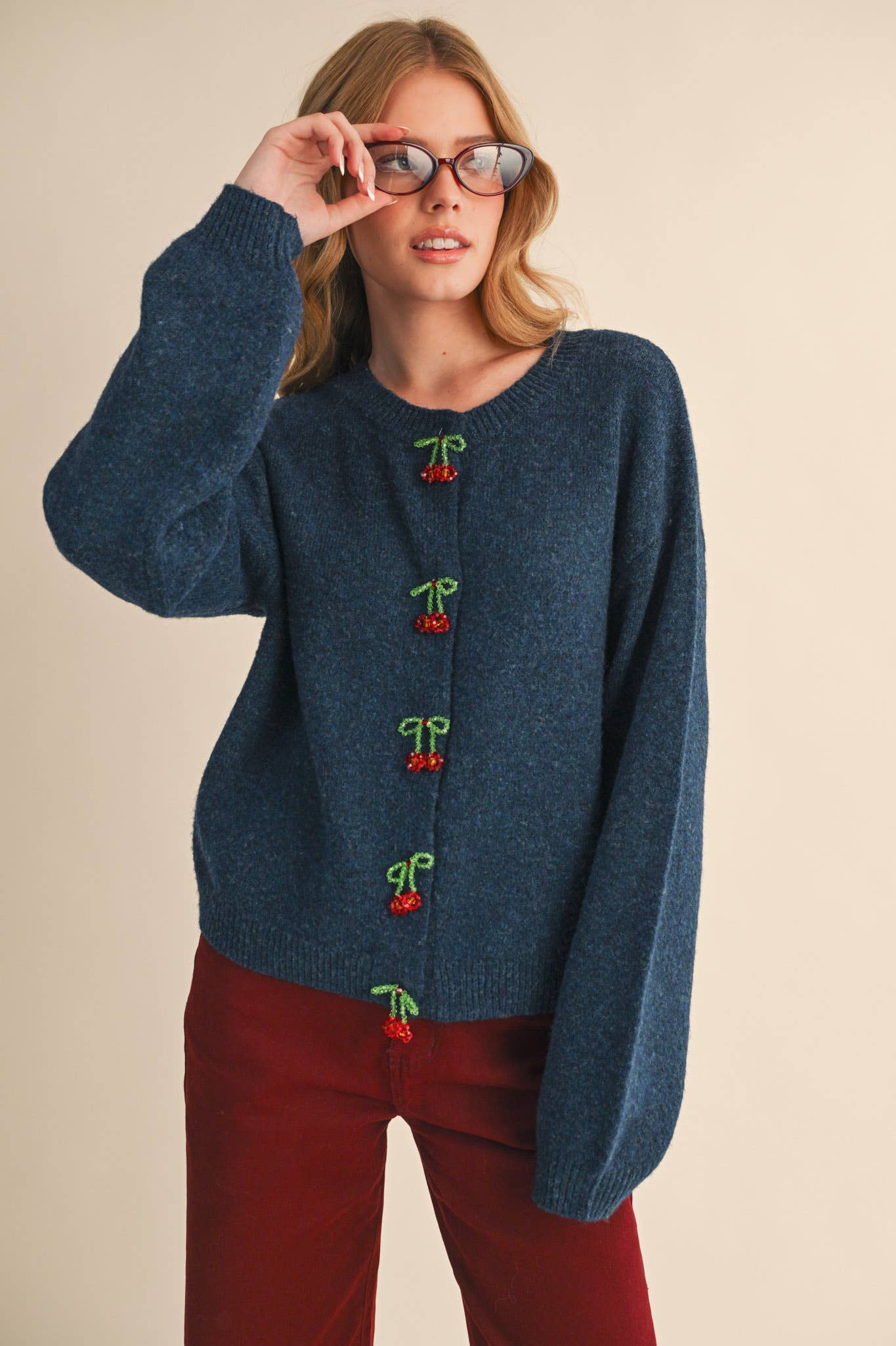 BEADED BOW FLORAL BUTTON SWEATER CARDIGAN MSW11256