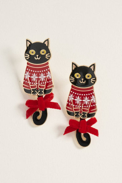 Cat in Christmas Sweater with Ribbon Post Earrings