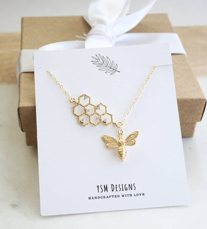Honeycomb Bee Lariat Necklace, Gold Bee Necklace, Dainty