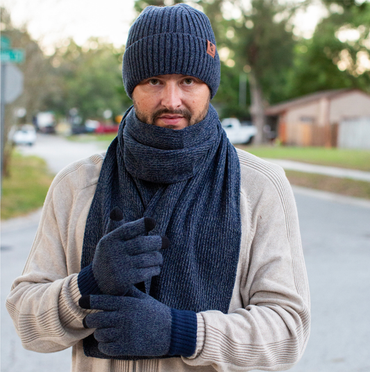 Mens Knit Beanie, Scarf Touchscreen Gloves Set Fleece Lined