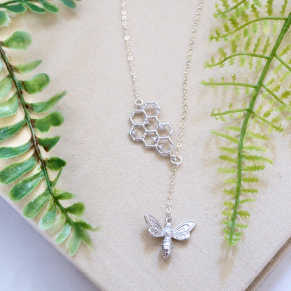Honeycomb Bee Lariat Necklace, Gold Bee Necklace, Dainty